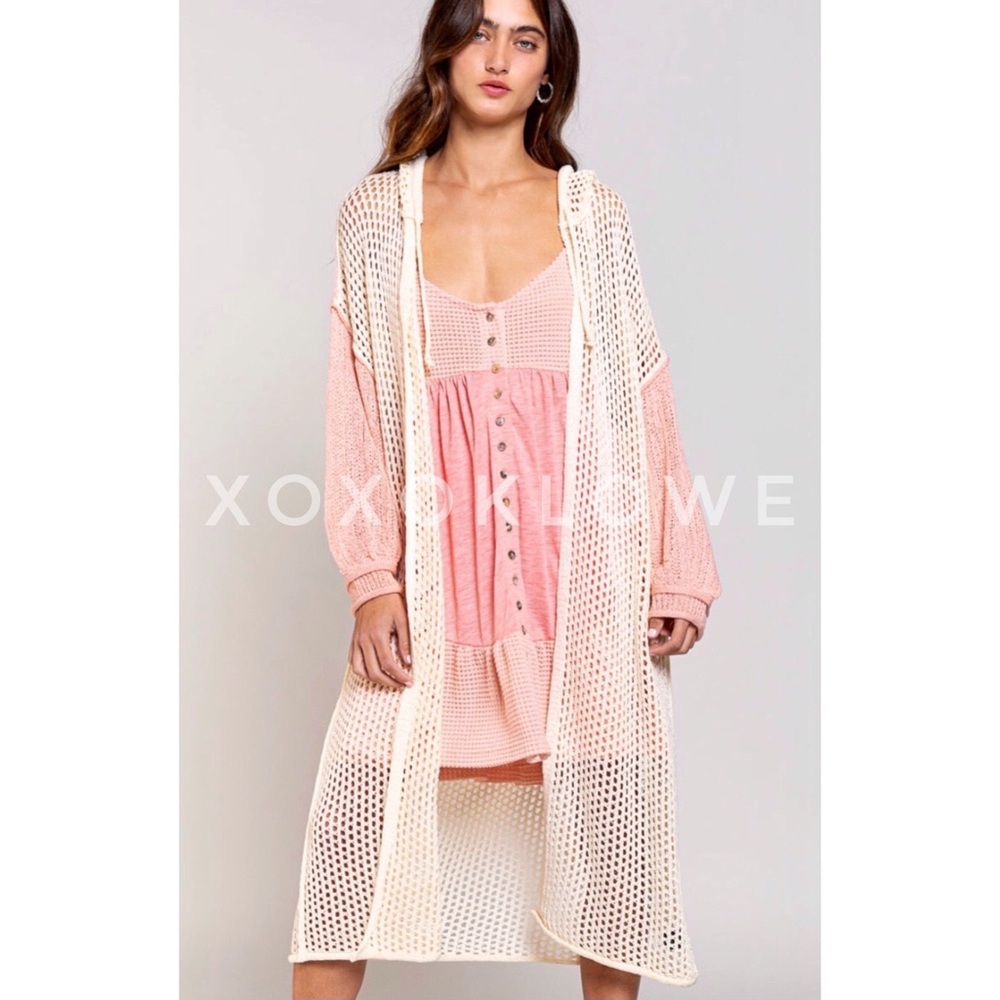 POL Pink & Cream Open Front Crochet Long Hooded Cardigan